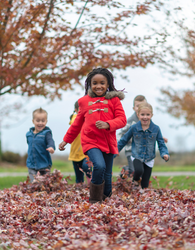 Kids playing in leaves at Sudbury school
